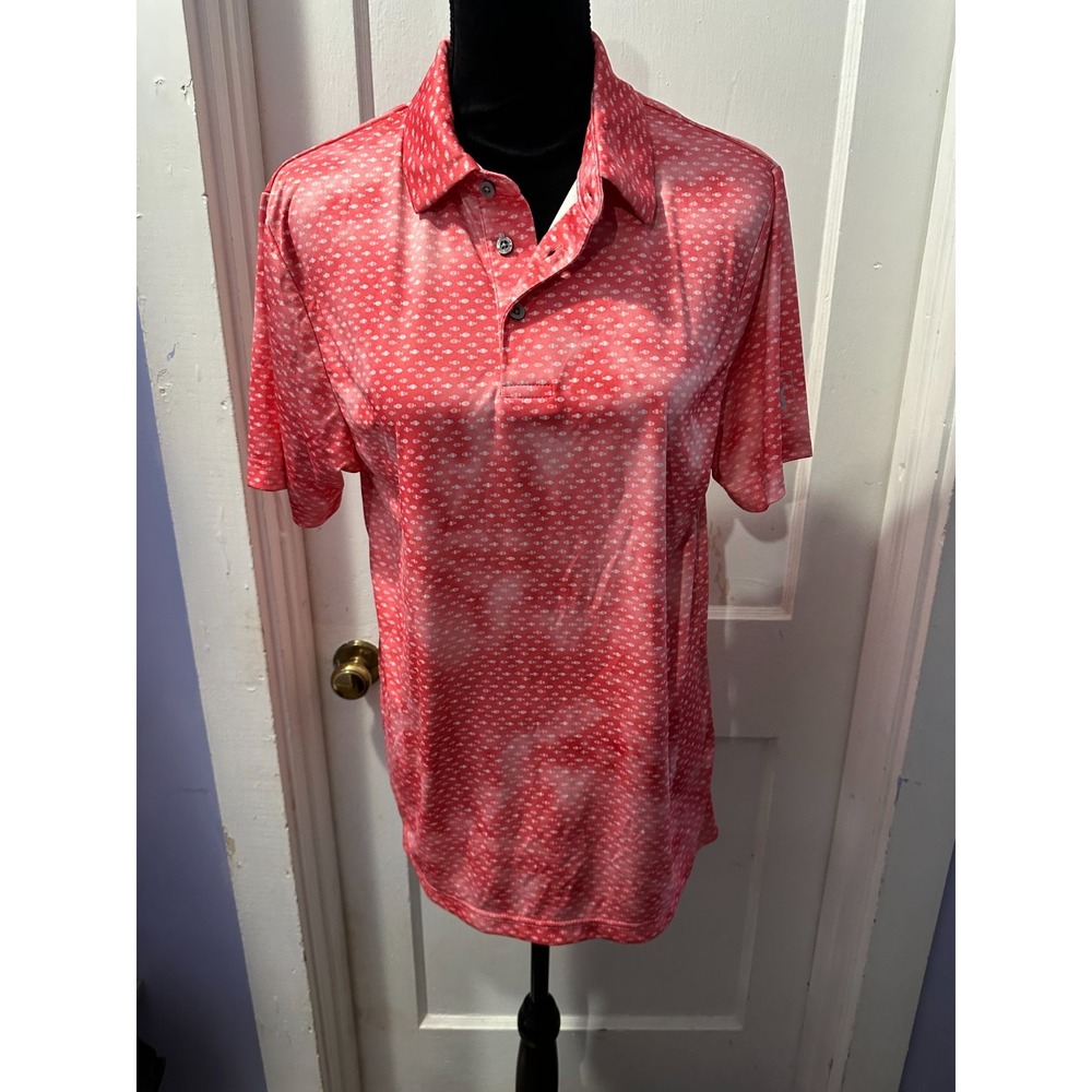 PGA Tour Pro Series Athletic Fit Pink Fish Pattern Short Sleeve Golf Tee in‎ M